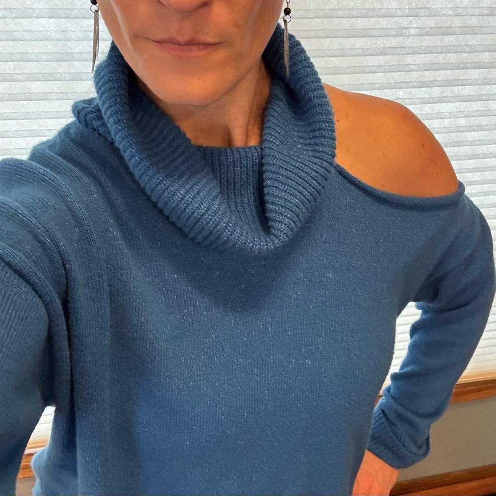 1. State Blue Cowl Turtleneck Sweater with Cold Shoulder